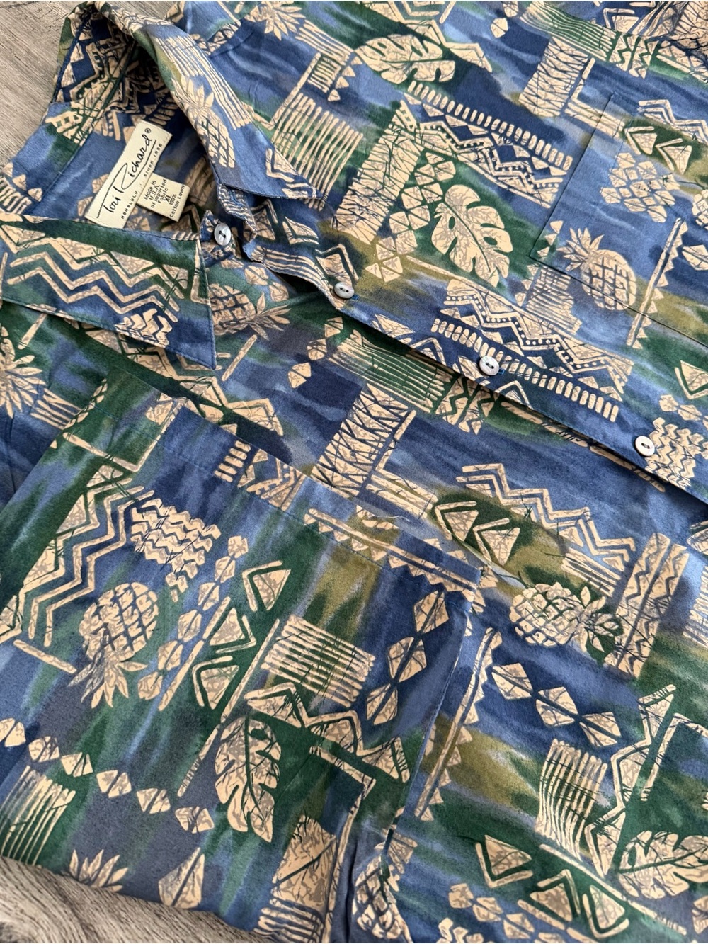 Tori Richard Hawaiian Shirt Blue, Green & Cream Tropical Print Camp Shirt Large